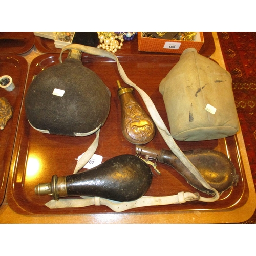 167 - Three Powder Flasks and 2 Water Flasks