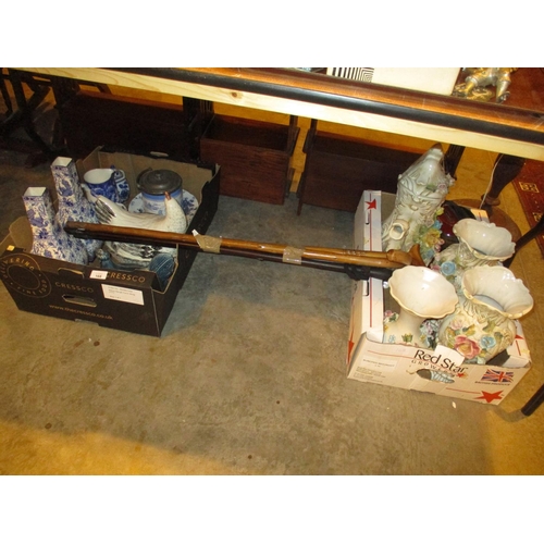 168 - Four Walking Sticks and 2 Boxes of Ceramics and Money Jar
