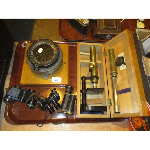 68 - Vintage Microscope, Compass, Carl Zeiss Scope and 2 Pairs of Binoculars