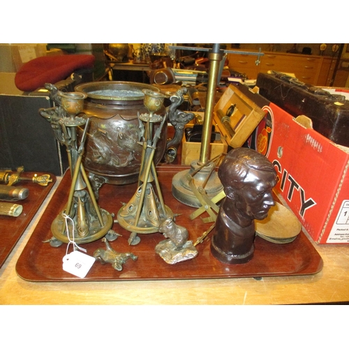 69 - WITHDRAWN FROM SALE 26/10/24 Pair of Brass Candlesticks, Japanese Bronze Vase, Balance Scales, Bust ... 