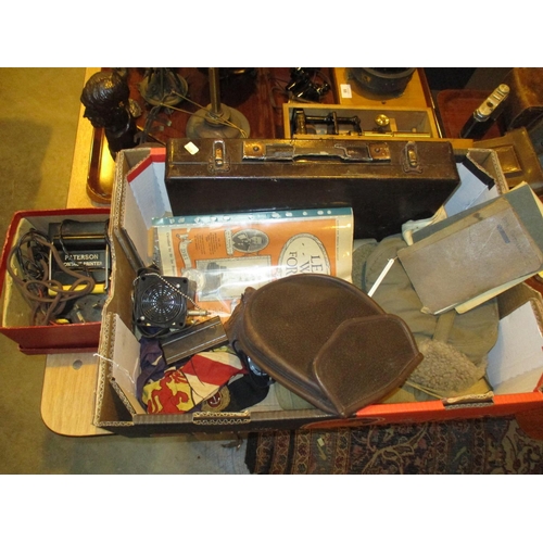 70 - Box with Paterson Contact Printer, Tin Case, Sporran, Military Ephemera etc