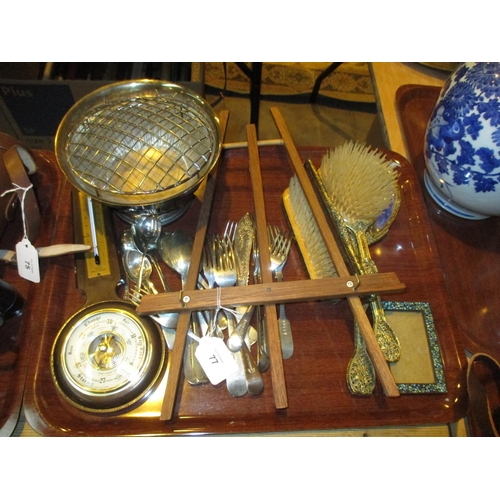 77 - Barometer, Silver Plated Items, Photo Frame, Dressing Table Set and Easel Photo Stand