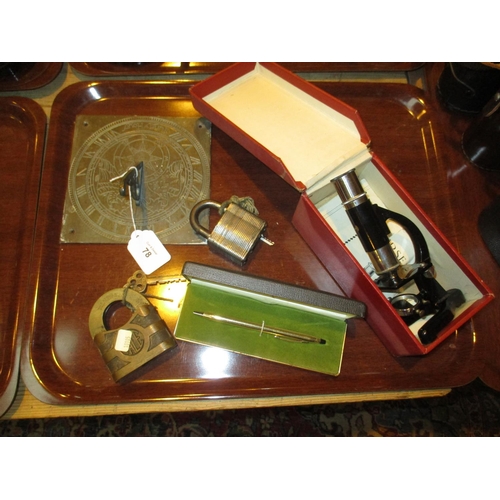 78 - Eclipse Microscope, Sundial, Cross Pen and 2 Padlocks