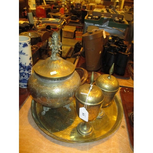 83 - Eastern Brass Tray with 3 Urns and 3 Wooden Stands