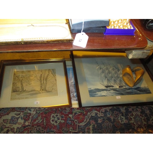 95 - 1905 Pencil Drawing, 3 Prints and a Pair of Shoe Stretchers