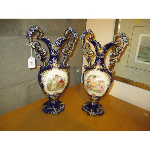 97 - Pair of Victorian Pottery 2 Handle Vases, 39cm