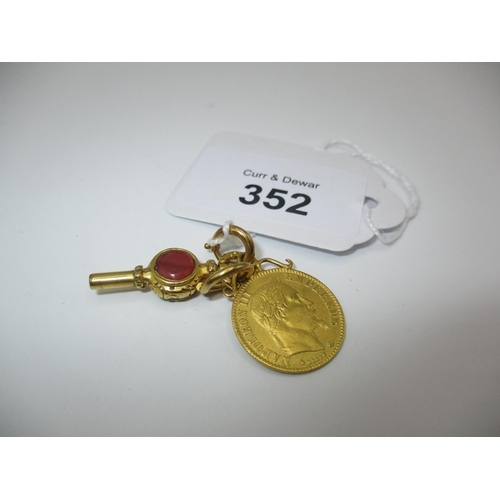 352 - 1866 10 Franc Gold Coin as a Pendant along with a Watch Key