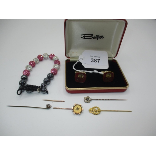 387 - Pair of Cufflinks, Bracelet and 4 Stick Pins, one broken