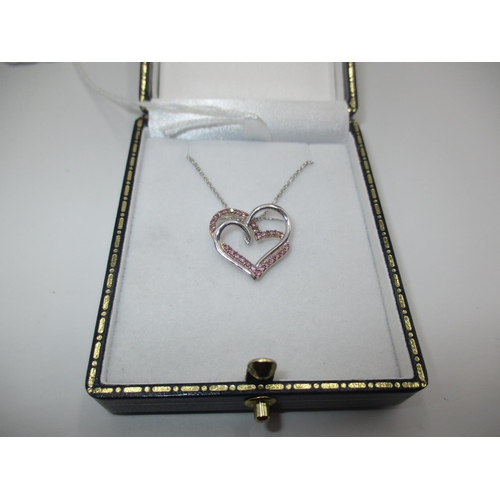 390 - 9ct White Gold Pink Diamond Heart Pendant and Chain