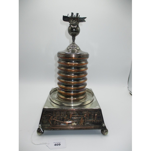 409 - Silver Plated Industrial Trophy Inscribed The Leeds Forge Co. Limited Leeds, Rd. 232532, 31cm high