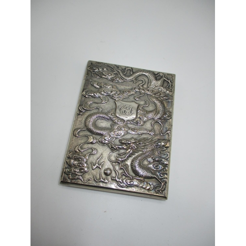 438 - Chinese White Metal Card Case Ornately Embossed with Dragons and Cranes