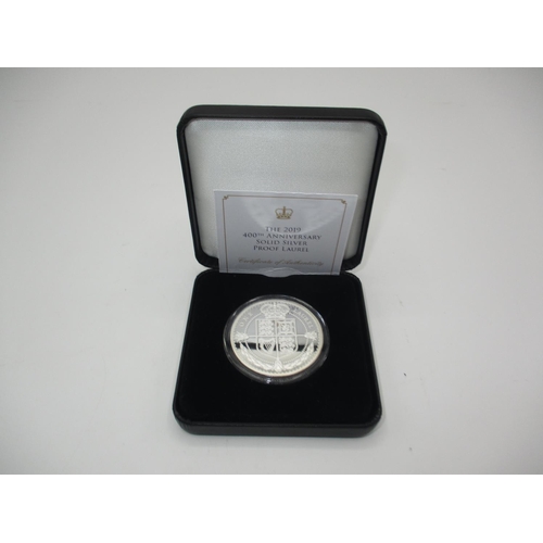 476 - 2019 Tristan Da Cunha Silver (925) Proof One Laurel 28.28 gm Coin 400th Anniversary, boxed and with ... 