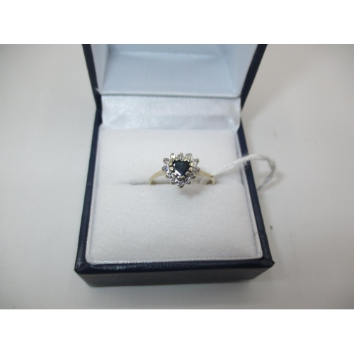 491 - 9ct Gold Sapphire and Diamond Heart Cluster Ring, Size I