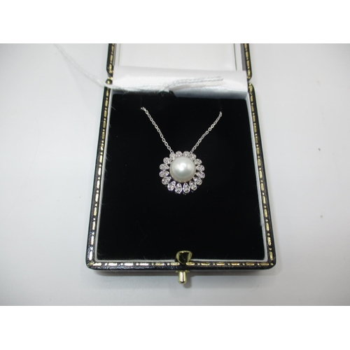 493 - 9ct White Gold Large Pearl and Diamond Pendant on a Chain