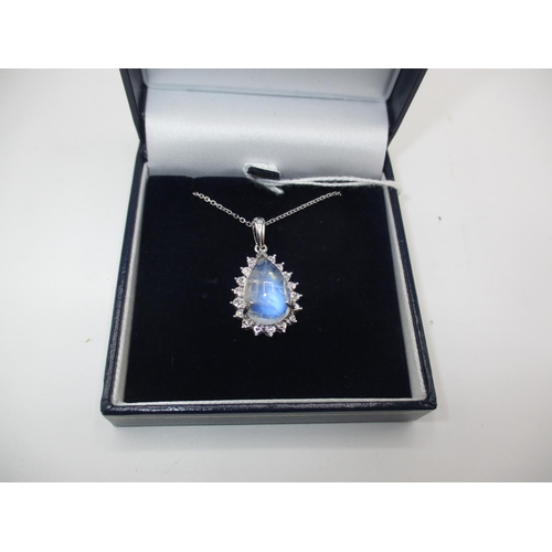 504 - Rainbow Moonstone and 4 Diamond Pendant and Chain