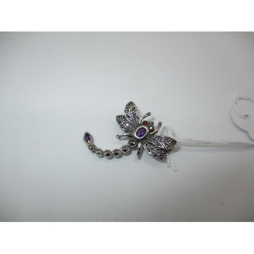 507 - Silver Marcasite, Amethyst and Garnet Dragonfly Brooch