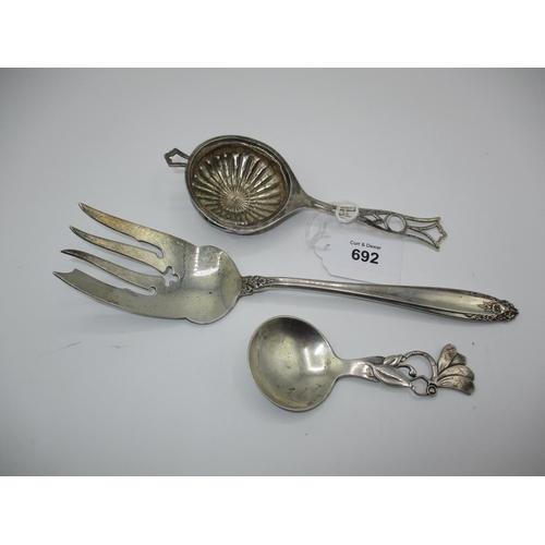 692 - Frigast Denmark Sterling Silver Spoon, Sterling Silver Tea Strainer and Serving Fork, 138g total