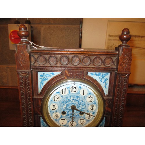 106 - Victorian Oak and Painted Porcelain Panel Aesthetic Mantel Clock