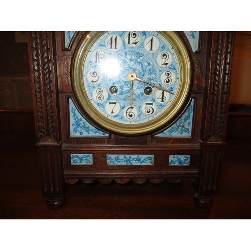 106 - Victorian Oak and Painted Porcelain Panel Aesthetic Mantel Clock