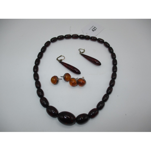 427 - Two Pairs of Amber Ear Studs, Pair of Ear Drops and a Necklace