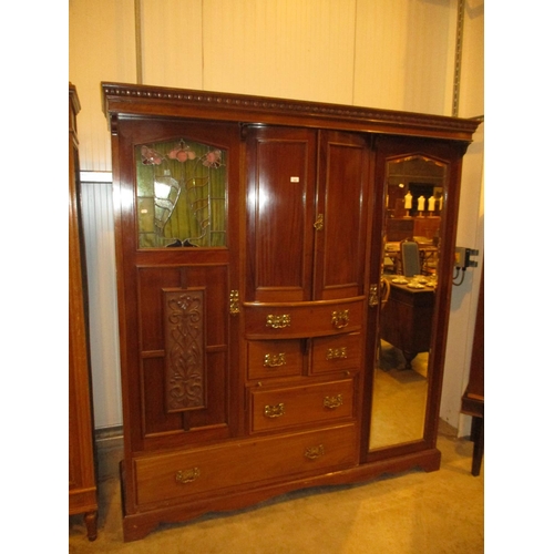 496 - Late Victorian Mahogany Wardrobe having Mirror Panel and Leaded Glass Panel Doors Flanking a Double ... 