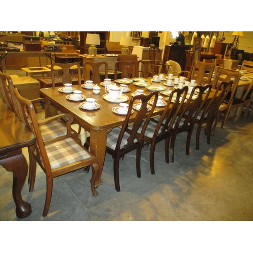 587 - Early 20th Century Oak Extending Dining Table with 2 Leaves and Sets of 8 and 4 Dining Chairs, table... 