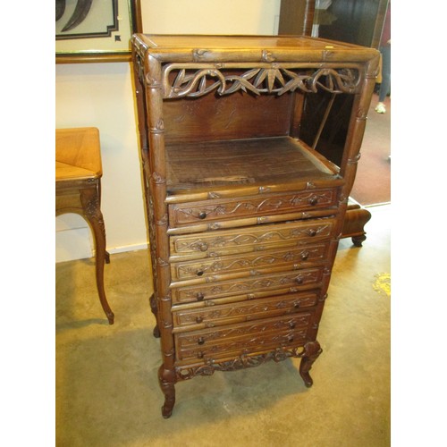 566 - Chinese Carved Hardwood Side Cabinet of Shelf and 6 Drawers, 54x38x119cm, for restoration