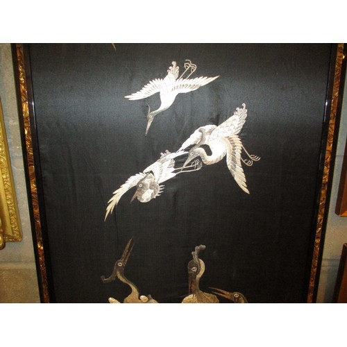 467 - Japanese Silk Needlework Picture of Cranes, 121x50cm