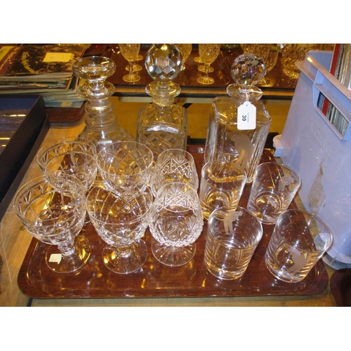 39 - Golfer Engraved Whisky Decanter and 4 Tumblers, 2 Other Decanters and Goblets