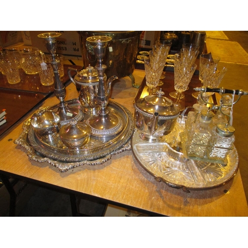 6 - Pair of Silver Plated Candlesticks, 4 Piece Tea Service, Cruet Set, 3 Trays and Serving Dish