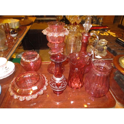 72 - Victorian Ruby Glass Wine Jug, 4 Vases and 2 Dishes