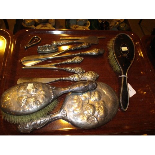 78 - William Comyns Silver Back Hand Mirror and Hair Brush along with Silver Handle Button Hook, Shoe Hor... 