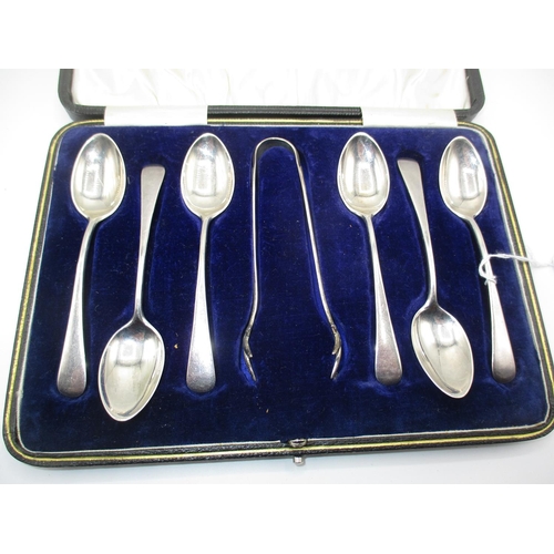 220 - Cased Set of 6 Silver Teaspoons and Tongs, Birmingham 1919, 124g