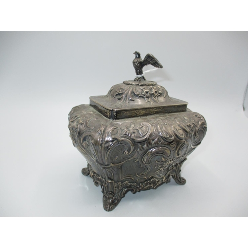 221 - Victorian Silver Tea Caddy Ornately Embossed and with Bird Finial, London 1839, 532g