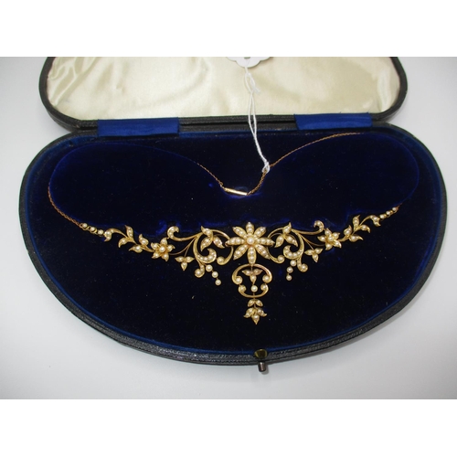 243 - Victorian 15ct Gold and Seed Pearl Articulated Necklace with Fitted Case, 18.88g