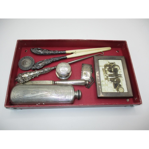 322 - Silver Photo Frame, Glove Stretchers, Pewter Flask etc