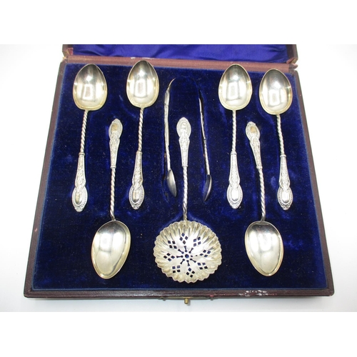 344 - Boxed Set of 6 Silver Spoons, Tongs and Sifter Spoon