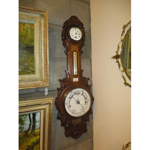 363 - Carved Oak Case Aneroid Barometer and Clock