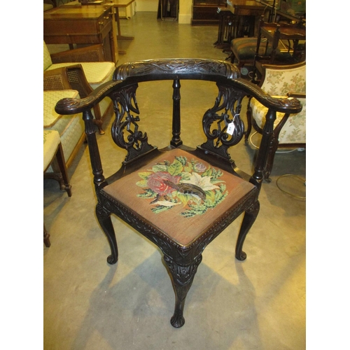 436 - Victorian Carved Oak Gothic Design Corner Chair having a Tapestry and Beadwork Seat