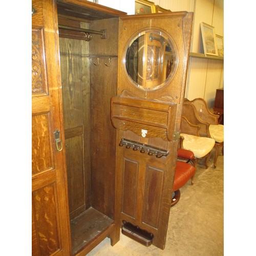 412 - Arts & Crafts Carved Oak 2 Door Wardrobe with Label for Registered Raleigh No. 367759, Reynolds & Mc... 