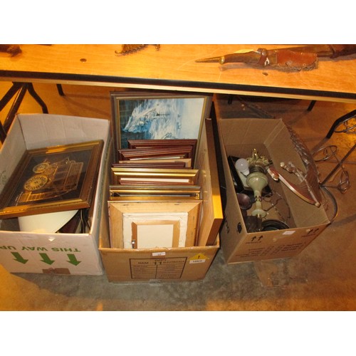 31 - Three Boxes of Pictures, Wine Bottle Holder, 2 Lamps etc