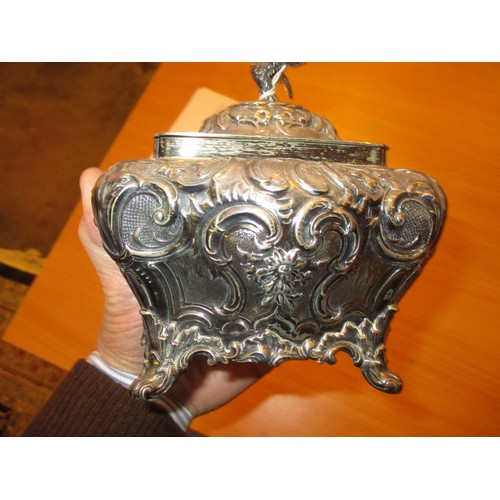 221 - Victorian Silver Tea Caddy Ornately Embossed and with Bird Finial, London 1839, 532g