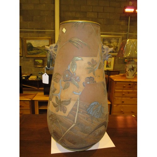 125 - Watcombe Torquay Terracotta Pottery Japanese Sgrafitto Decorated Vase, 55cm, one handle missing