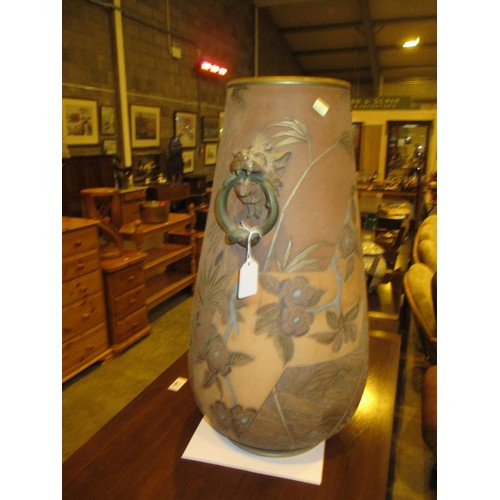 125 - Watcombe Torquay Terracotta Pottery Japanese Sgrafitto Decorated Vase, 55cm, one handle missing