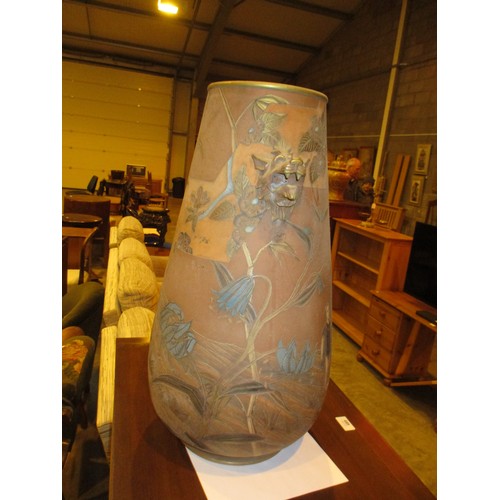 125 - Watcombe Torquay Terracotta Pottery Japanese Sgrafitto Decorated Vase, 55cm, one handle missing