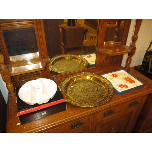 269 - Embossed Brass Plaque, Royal Worcester Poppies Cake Plate and a Wavy Serving Dish