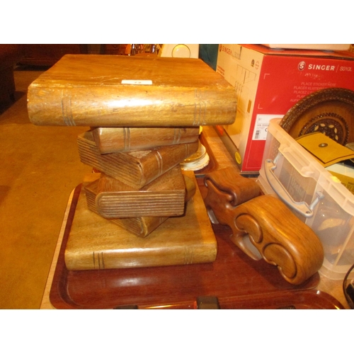 72 - Wooden Stack of Books Plant Stand and a Carved Ornament