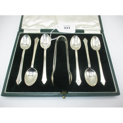 331 - Cased Set of 6 Silver Teaspoons and Tongs, Sheffield 1939, 94g