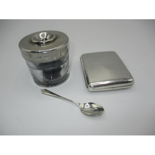 332 - Silver Cigarette Case and Teaspoon, 102g, and a Silver Top Glass Inkwell