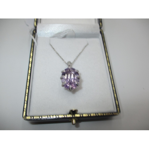 398 - 9ct White Gold Large Amethyst and Diamond Pendant on a Chain